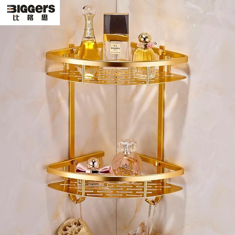 Biggers sanitary Gold color aluminium bathroom corner shelf double