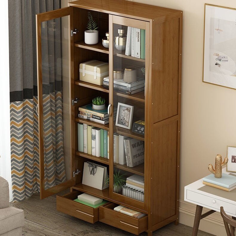 Simple solid wood bookcase with transparent door living room combined