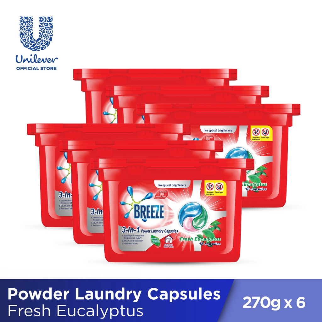 Breeze 3in1 Power Laundry Capsules 270g (18 pcs x 6 boxes) Shopee