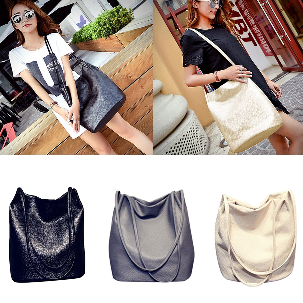 Casual Long Handle PU Leather Shoulder Tote Bucket Bag Handbag