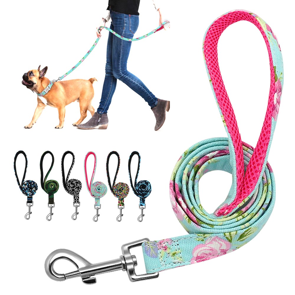 Cute Soft Floral Small Large Dog Leash Clip with Mesh Padded Handle Pet