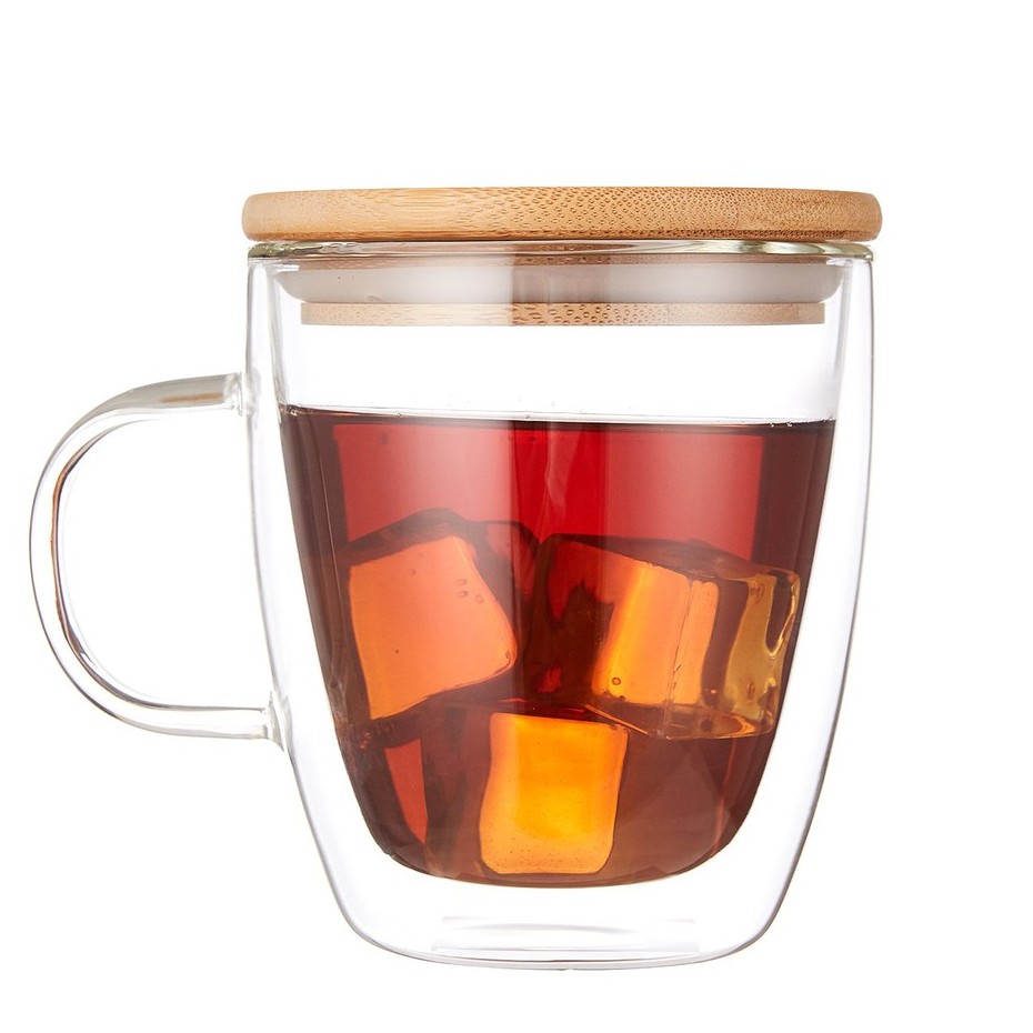 Double Walled Glass Coffee Drinking Cups Glass Mug With Lid 375ml/475ml