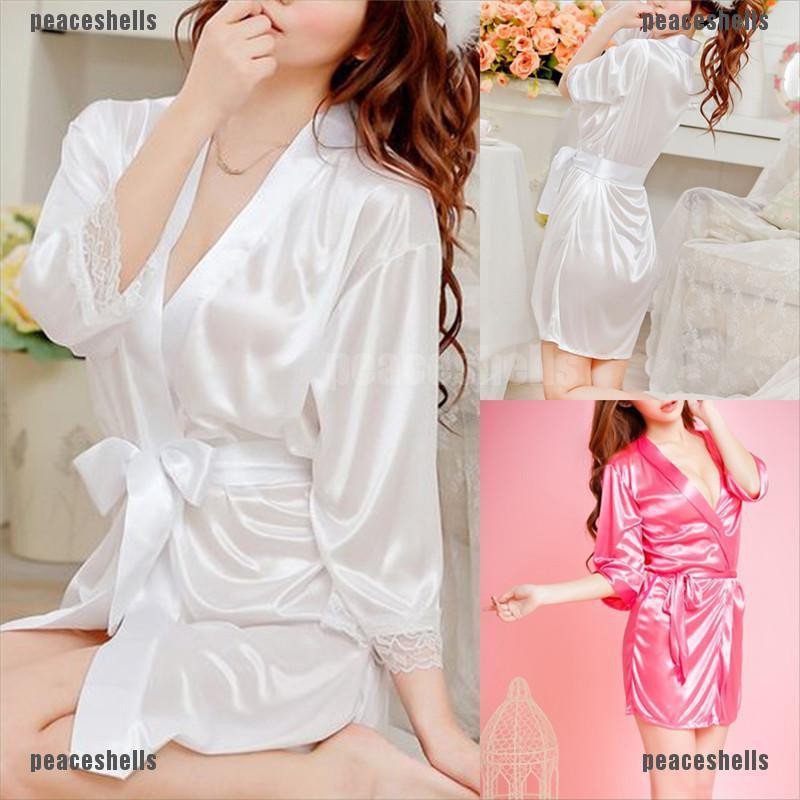 【PSE】Sexy Satin Night Robe Lace Bathrobe Perfect Wedding Bride