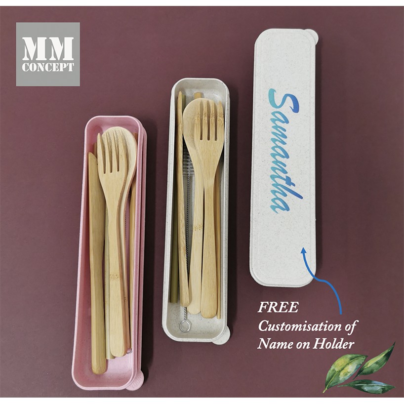 [SG Seller] Portable Bamboo Cutlery Set in Wheat Straw Holder Shopee
