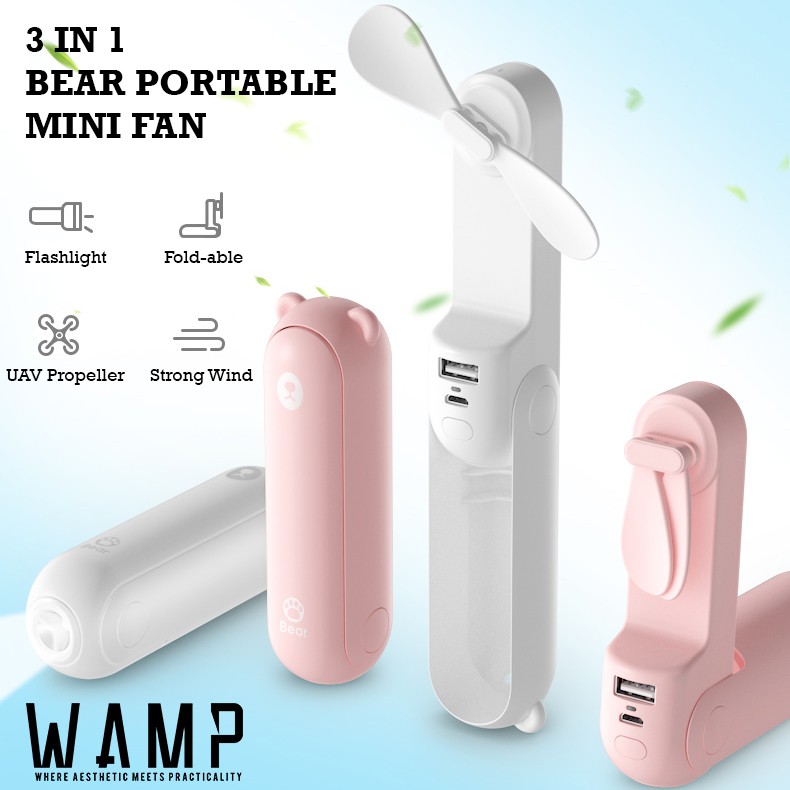 WAMP 3 IN 1 Portable Handheld Fan Flashlight USB Rechargeable Mini