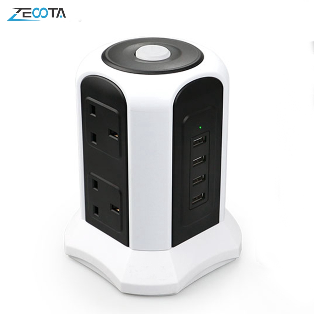 Vertical Power Strip Tower Multi USB Socket UK Plug 6 Way Outlet with USB Switch 2500W 10A with