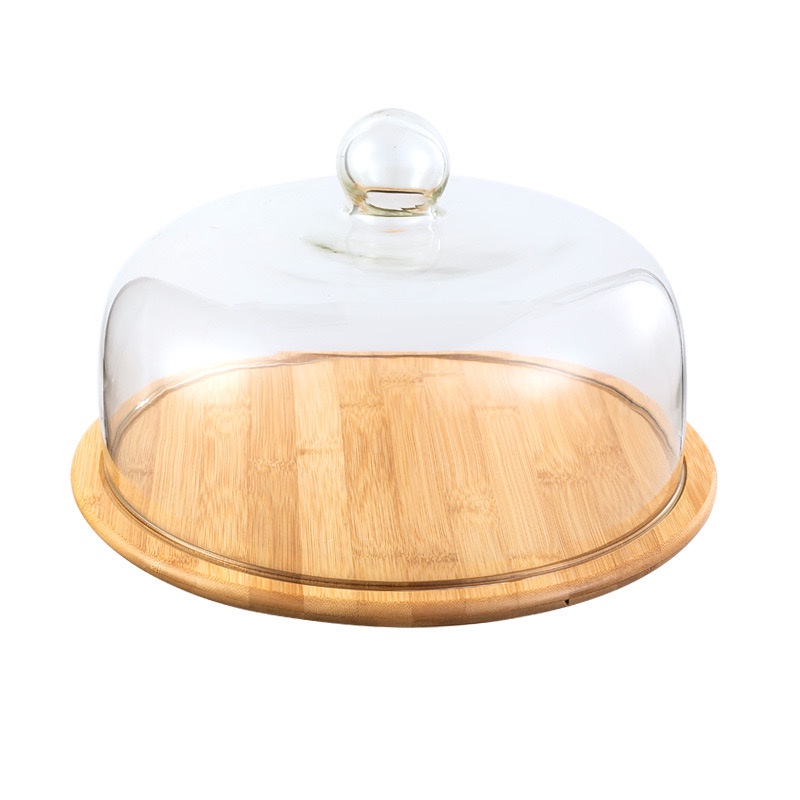 [SG Stock] 9 Inch Bamboo Cake Serving Tray with Glass Dome Cake Holder