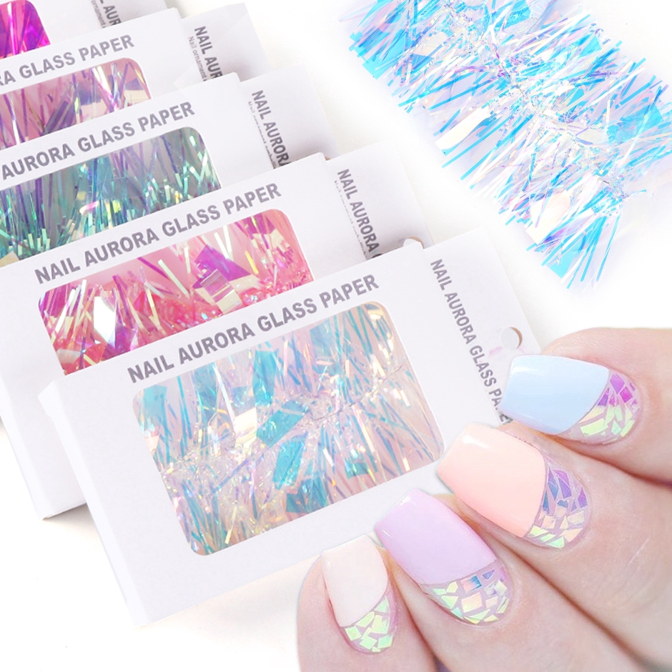 1 Case Holo Glass Nail Paper Sticker Gradient Aurora Transfer Foils
