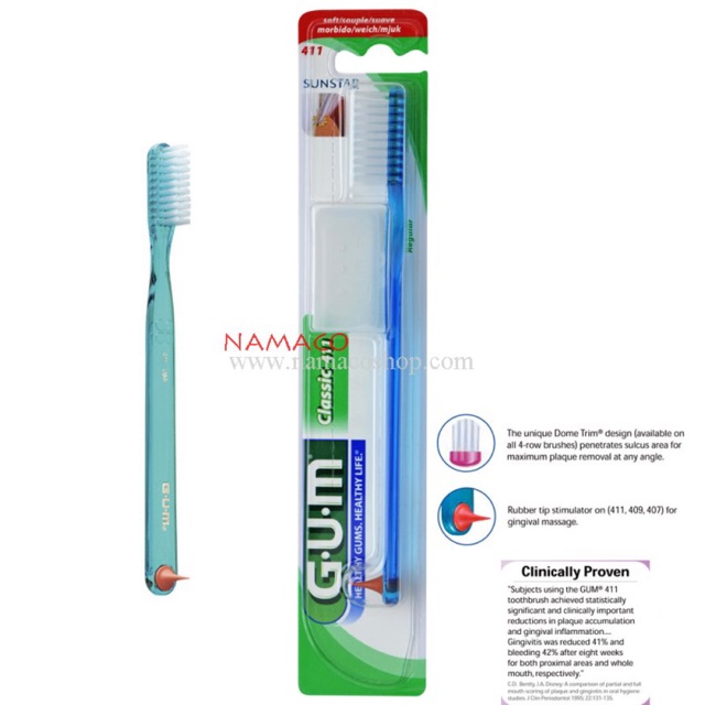 Gum Toothbrush Classic 409 With Rubber Tip Compact Head Toothbrush
