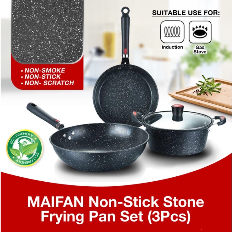 [SG Stocks] 3 Piece Maifan Nonstick Frying Pan Set Stone Marble Cooking