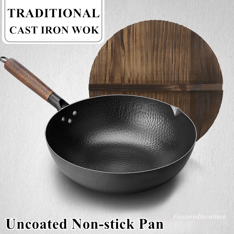 Traditional Cast Iron Wok Uncoated Nonstick Without Oil Smoke frying