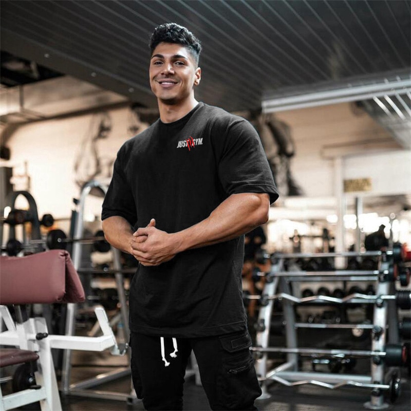 New Summer Oversized T shirt Men Gym Bodybuilding Fitness Loose Casual