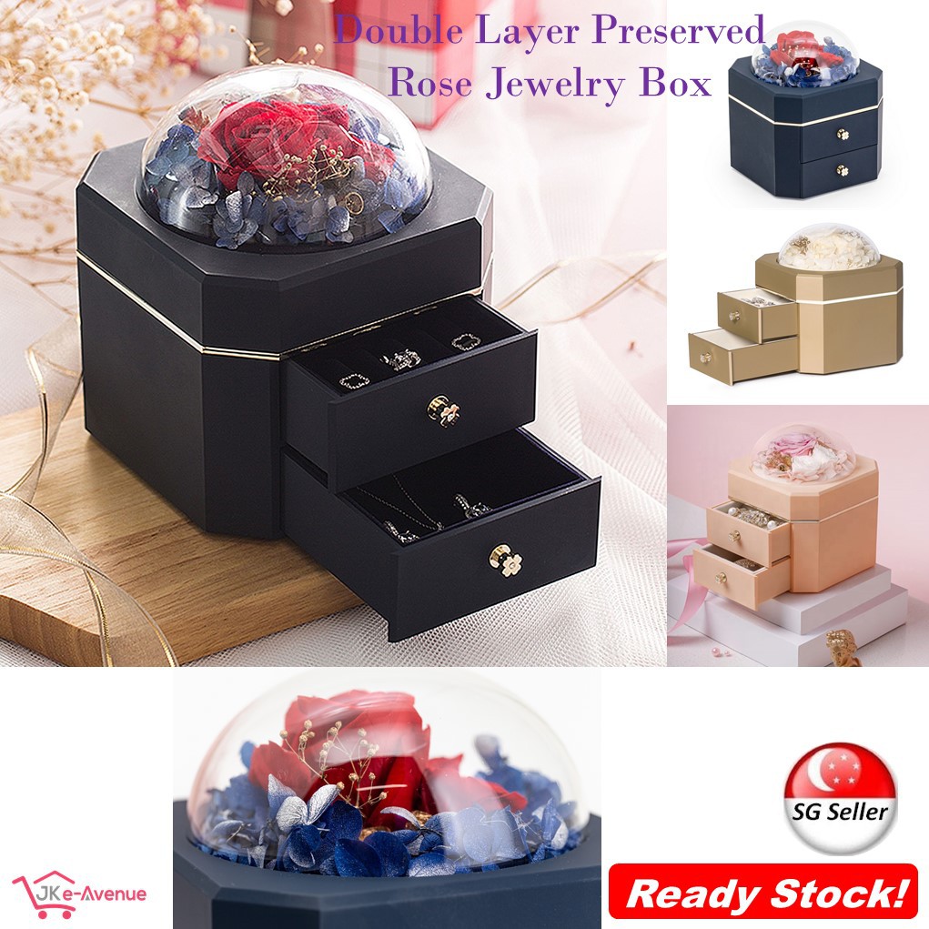 🇸🇬 Preserved Flower Rose Jewellery Box Double Layer Jewelry Organiser