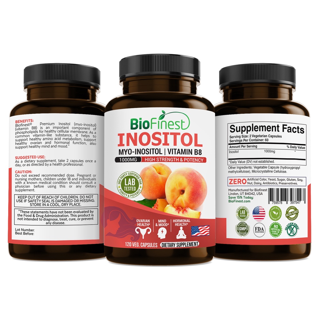 Biofinest Inositol 1000mg Vitamin B8 MyoInositol DChiro Inositol Supplement PCOS Fertility