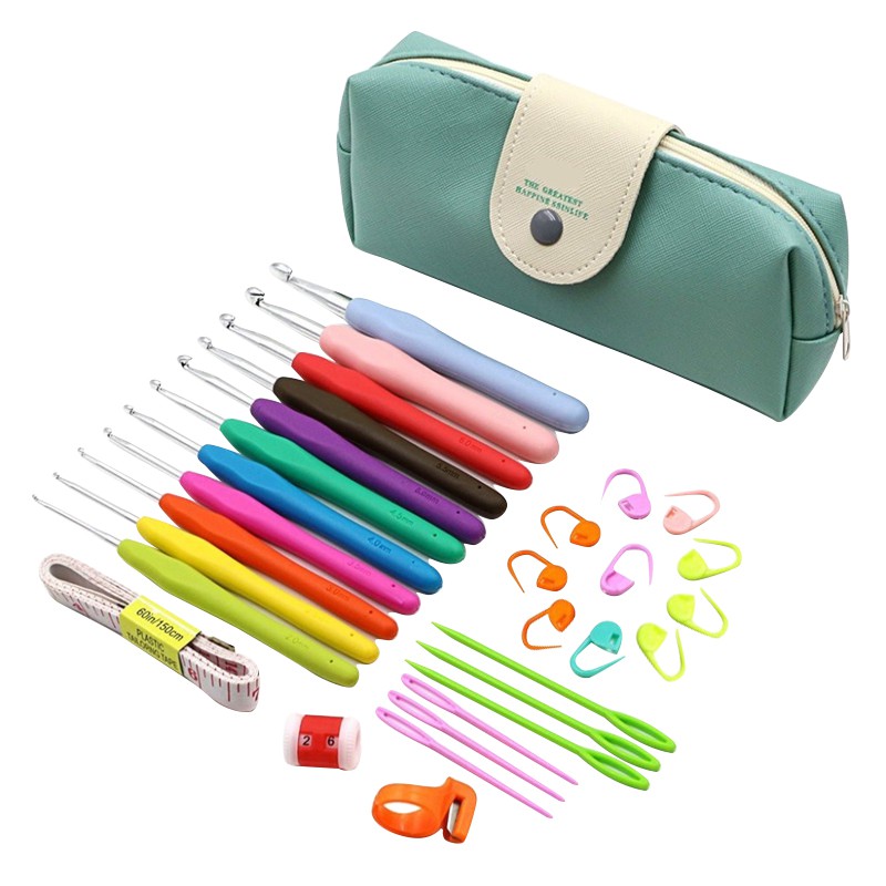 Knitting Crochet Tool Set with Soft Handle Aluminum Hook Colorful 30Pcs