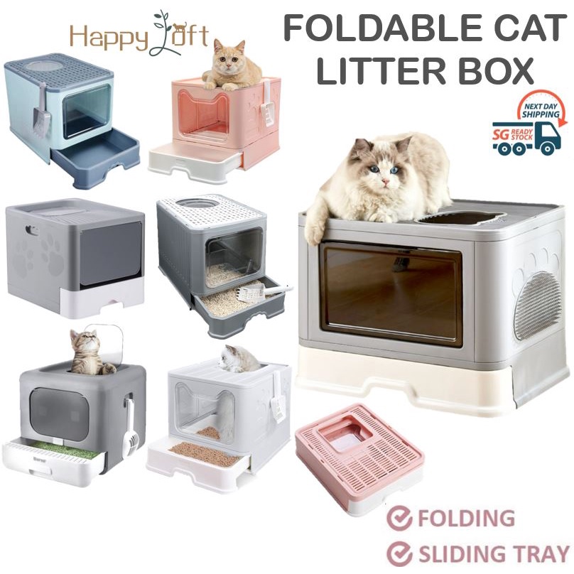 [SG SELLER] Foldable Cat Litter Box Cats Litter Box With Drawer Large Enclosed Cat Litter Box