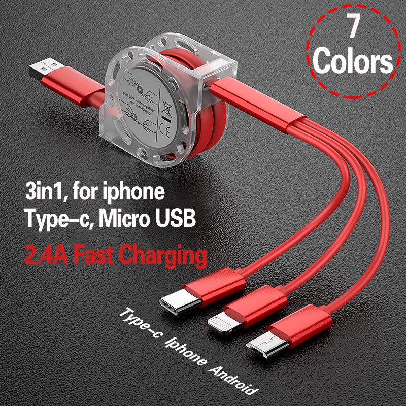 3 In 1 Retractable Micro USB Charge Cable Multi USB Charger Cable USB C