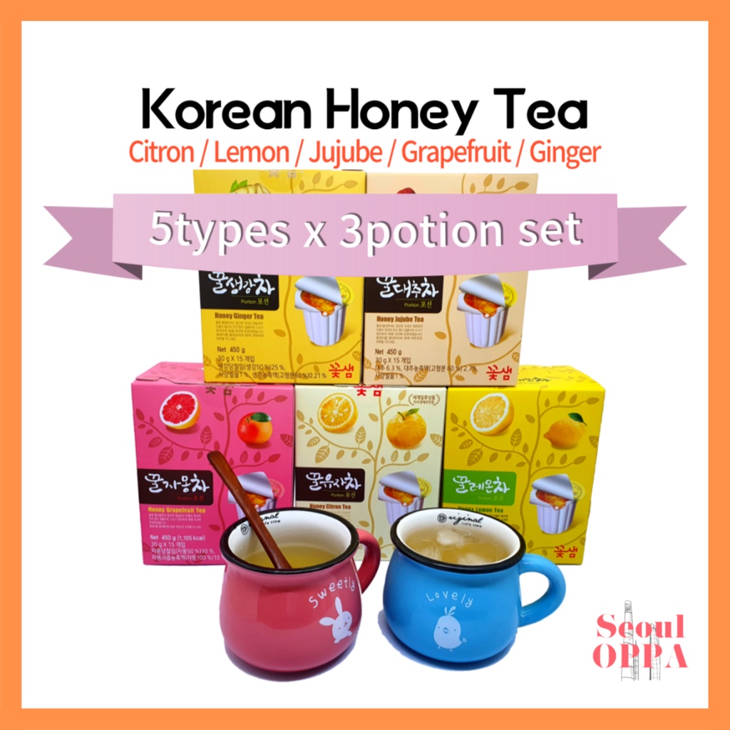 Korean Honey Tea Portion (5 types x 3 portion Set) Honey Citron(Yuja), Honey Lemon, Honey Jujube
