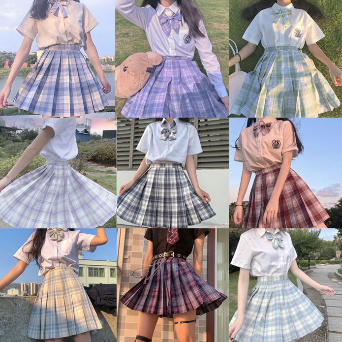 【Send Bow Tie】JK Women's Skirt High Waist Plaid A Line Skirt Set