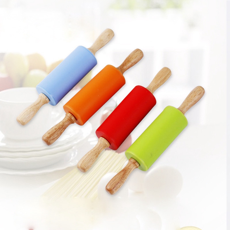 23CM Mini Silicone Dumpling Rolling Pin Solid NonStick Wooden Handle