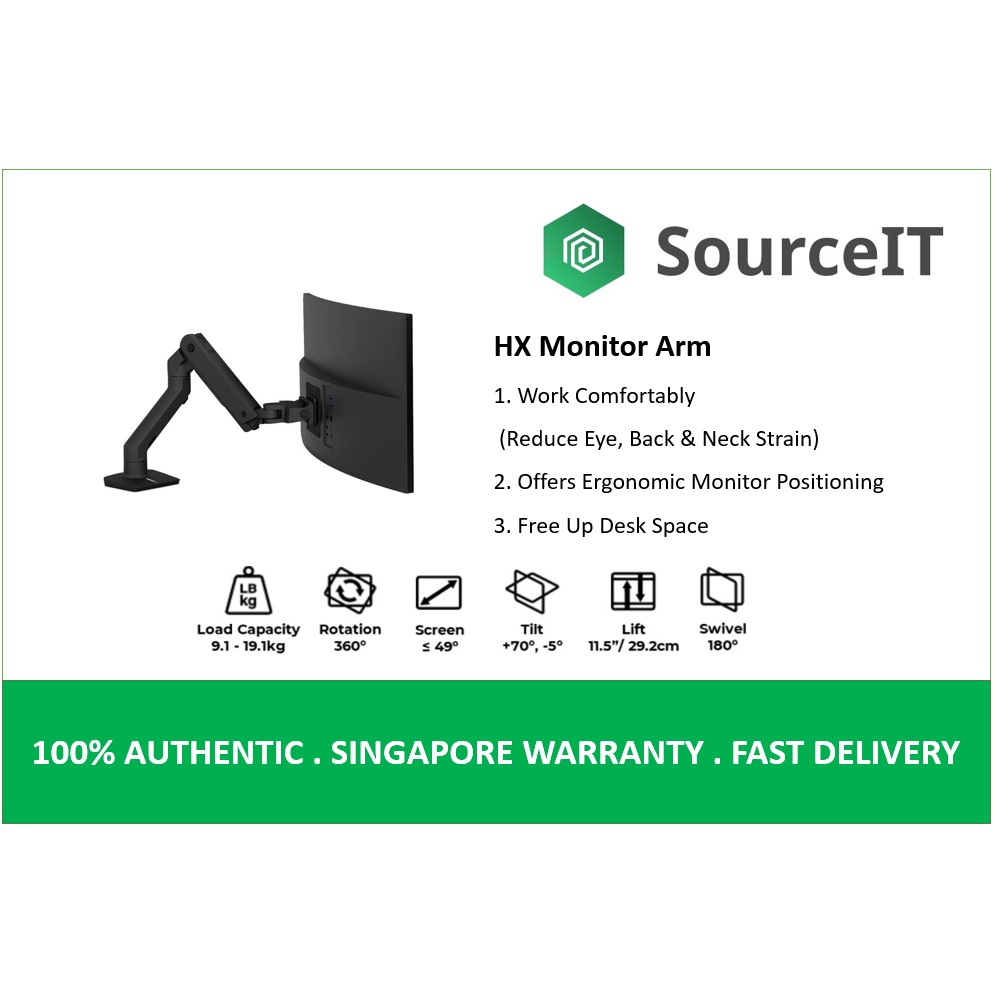 Ergotron HX Desk Monitor Arm, Matte Black/Polished Aluminium/White 10