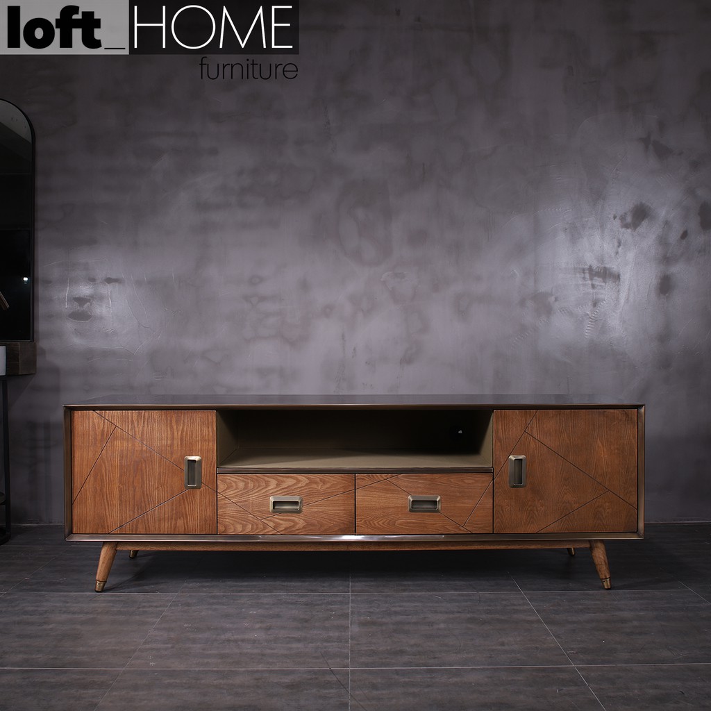 TV Console Vintage Brass Solid Oak Wood in brass and canvass Tv