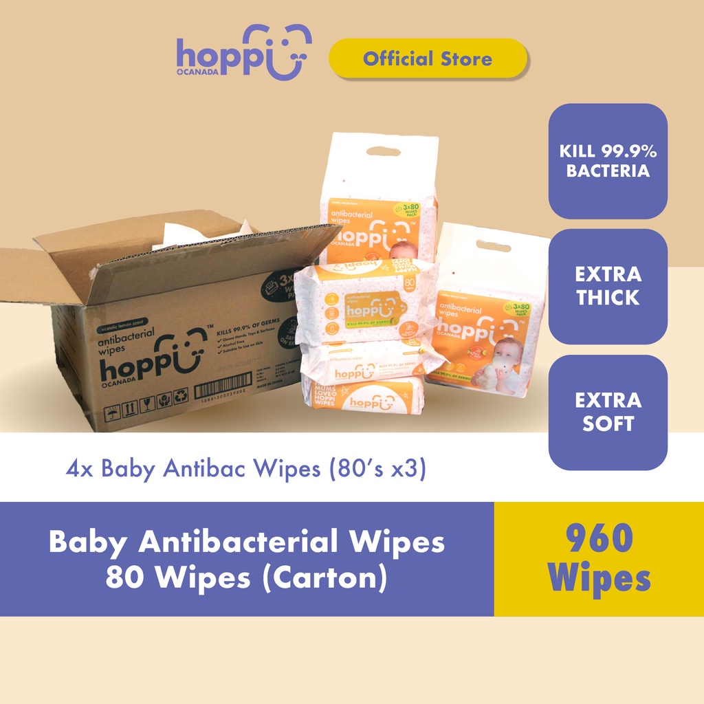 [CARTON] Hoppi Premium Baby Antibacterial Wipes / Baby Wipes / Wet Wipes / Wet Tissue 80 Wipes