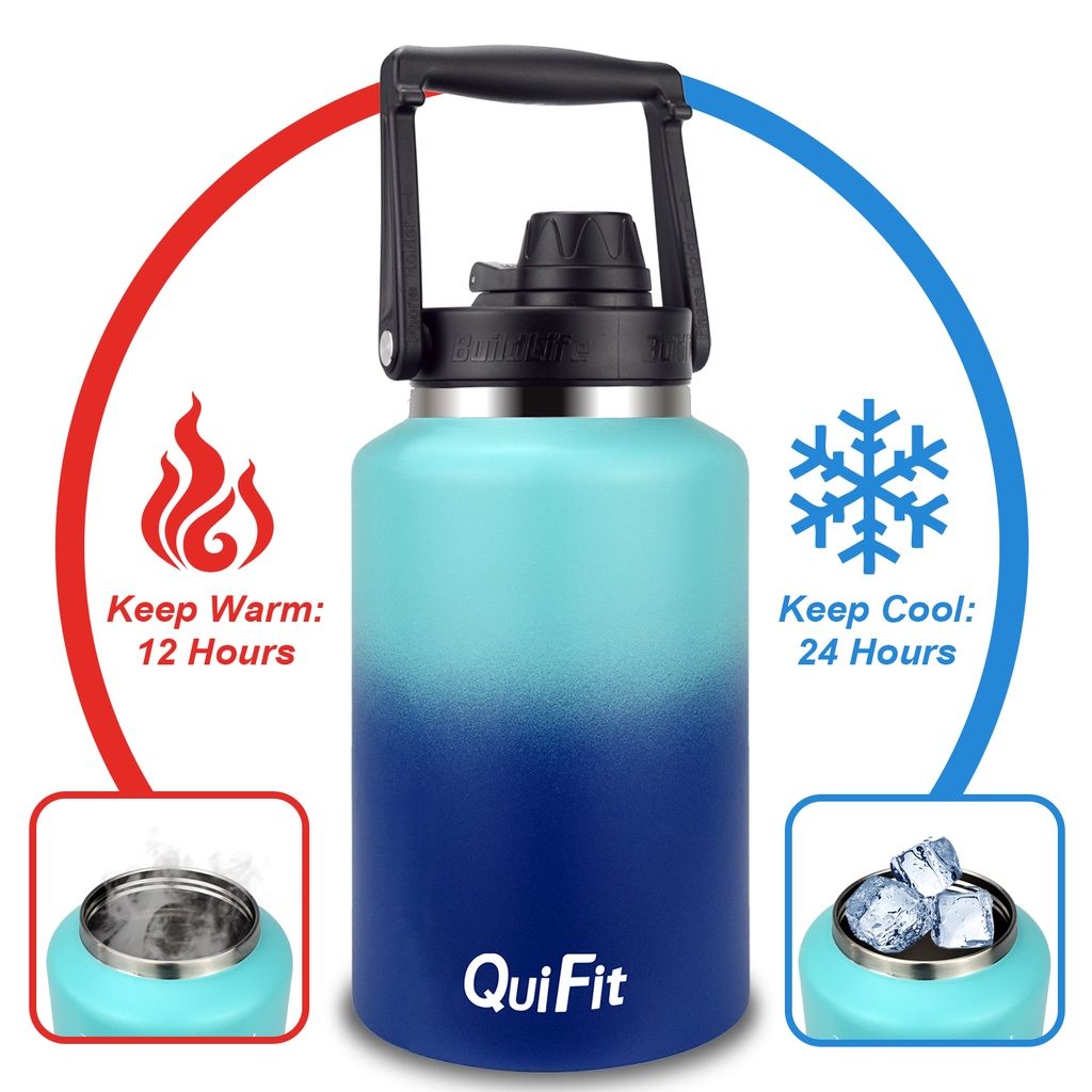 QuiFit 2L&3.8L Stainless Steel Water Bottle Half Gallon With Straw