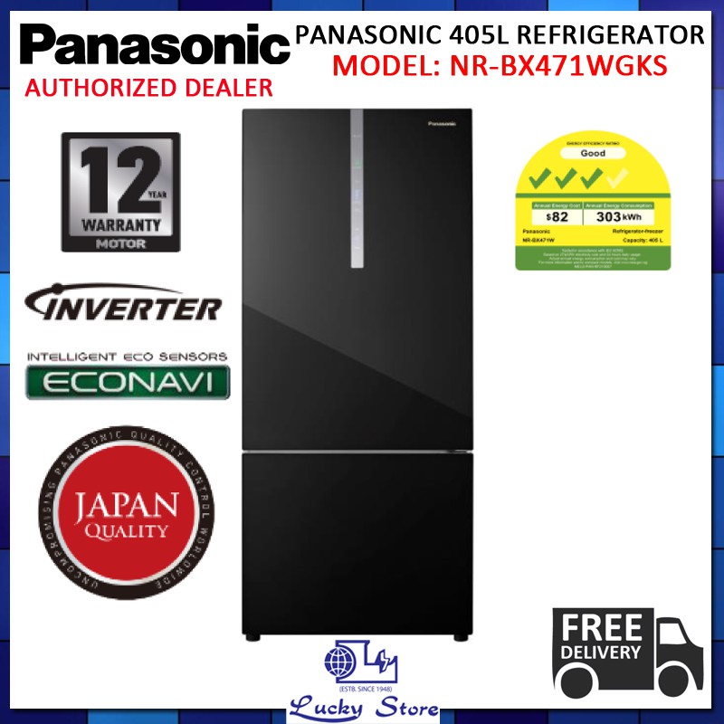 PANASONIC NRBX471WGKS 405L 2 DOOR REFRIGERATOR, BOTTOM FREEZER, GLASS