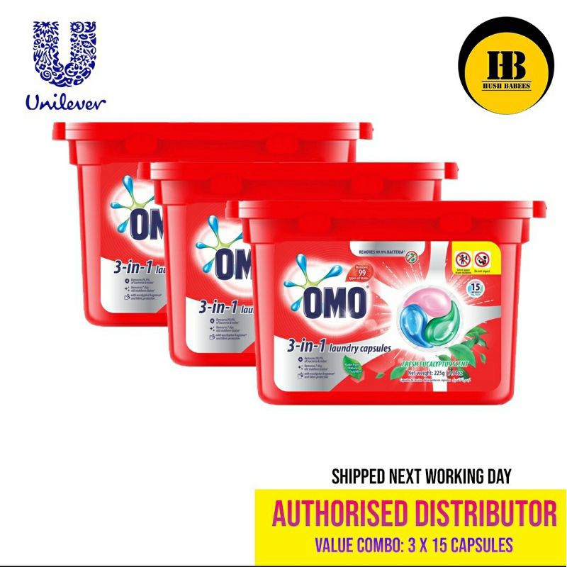 UNILEVER OMO 3 IN 1 LAUNDRY CAPSULES EUCALYPTUS 15Pcs, IMPORTED