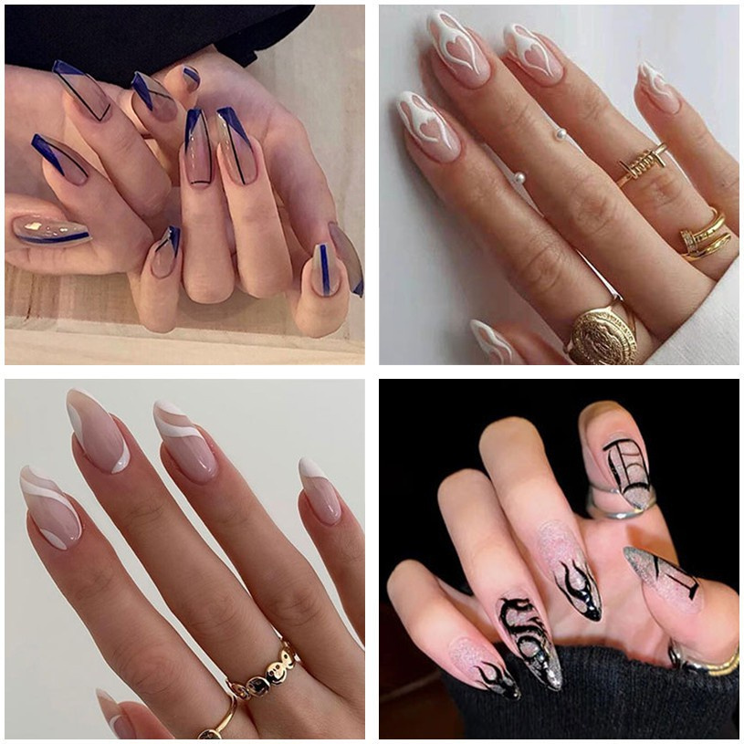 【With Glue】24Pcs/Set Black Flame Fake Nails French Wear Short Ballet