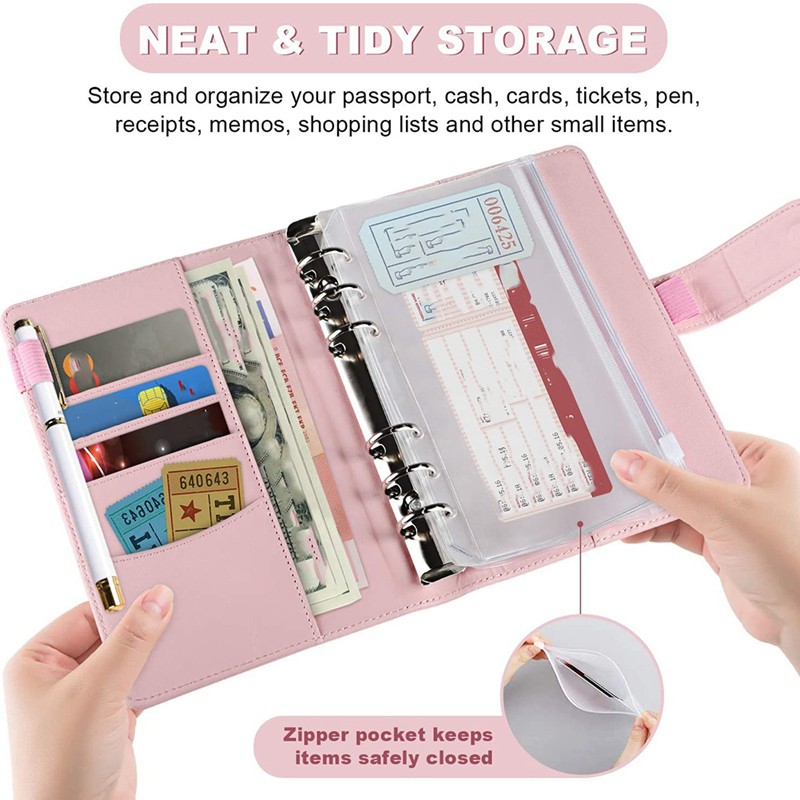 14 Binder Bags A6 with Leather Binder Cover, 6 Rings Budget Binder with Cash Envelope, Money