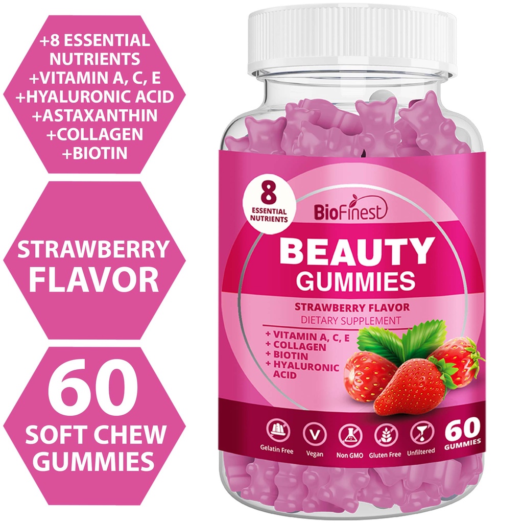 Biofinest Beauty Gummy Supplement Vitamin A C E Collagen Biotin Hyaluronic Acid Skin Hair