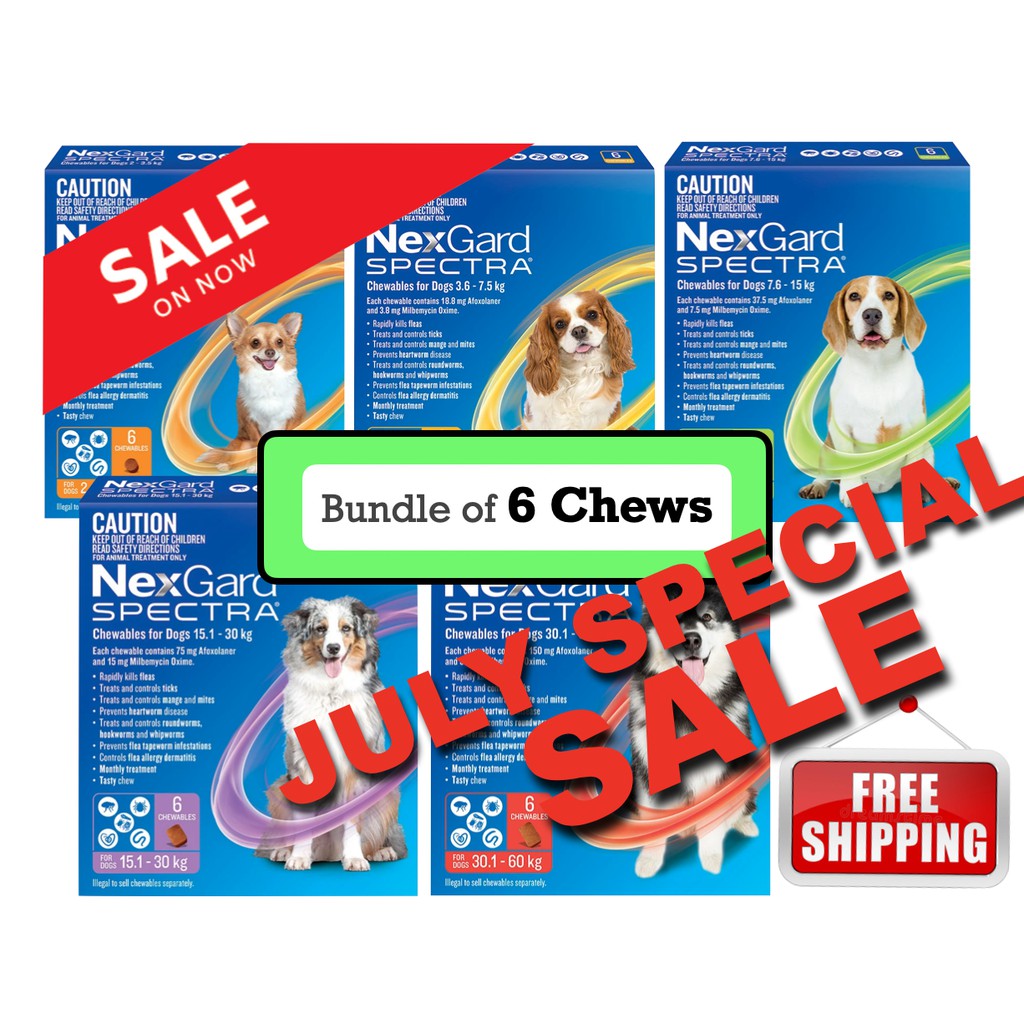 NexGard Spectra 6 CHEWS Pack Flea & Tick Heartworm Roundworm Parasite