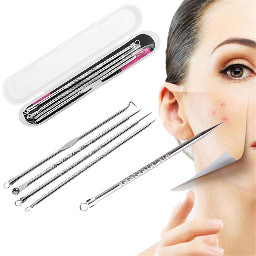 COD 4piece tweezers + acne removal stainless steel blackhead facial