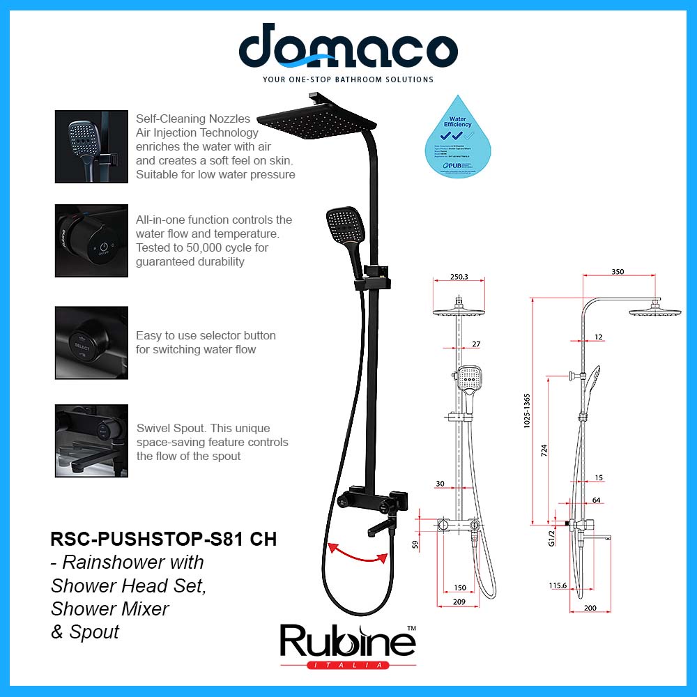 Rubine RSCPUSHSTOPS81BK Rain Shower Set with Hand Shower and Shower