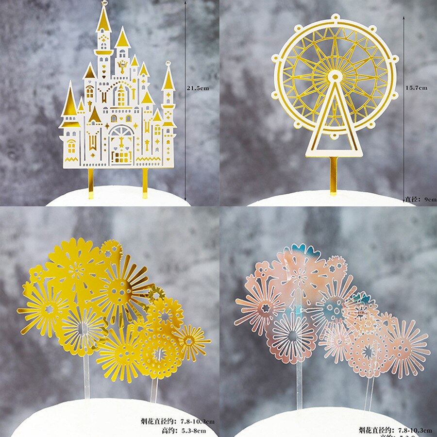 Gold Ferris Wheel Acrylic Happy Birthday Cake Topper Castle Birthday