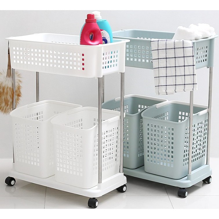 Modern Removable Moving 2Tiers laundry basket Set With Wheels Hand Trolley transportable