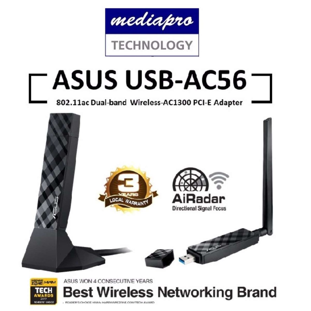 ASUS USBAC56 Dualband WirelessAC1300 USB 3.0 WiFi Adapter 3 Year