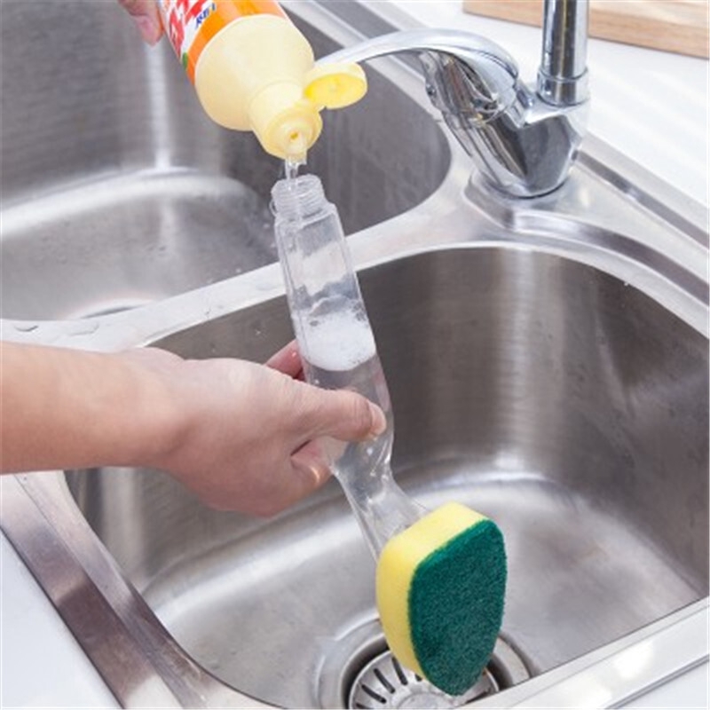 Kitchen Dish Washing Up Brush Sponge With Liquid Dispenser Handle