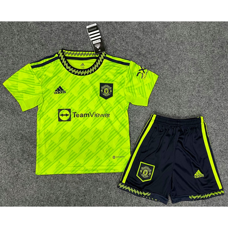 Kids Football Jersey Set 2022 2023 Man Utd Football Jersey MU Third Green Color Soccer Jersey