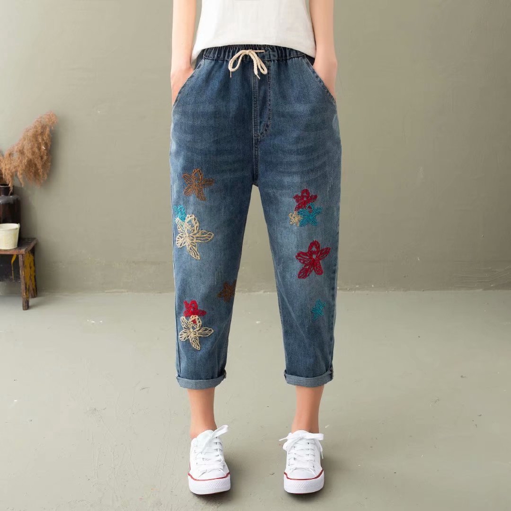 Elastic waist M3XL Jeans floral embroidery women fashion denim pants