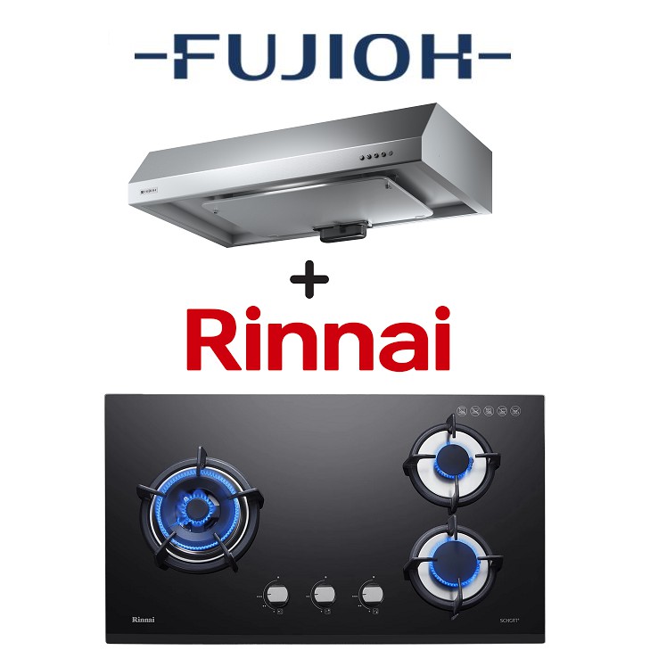 FUJIOH FRFS1890R 90CM SLIMLINE HOOD + RINNAI RB73TG 3 BURNER GLASS