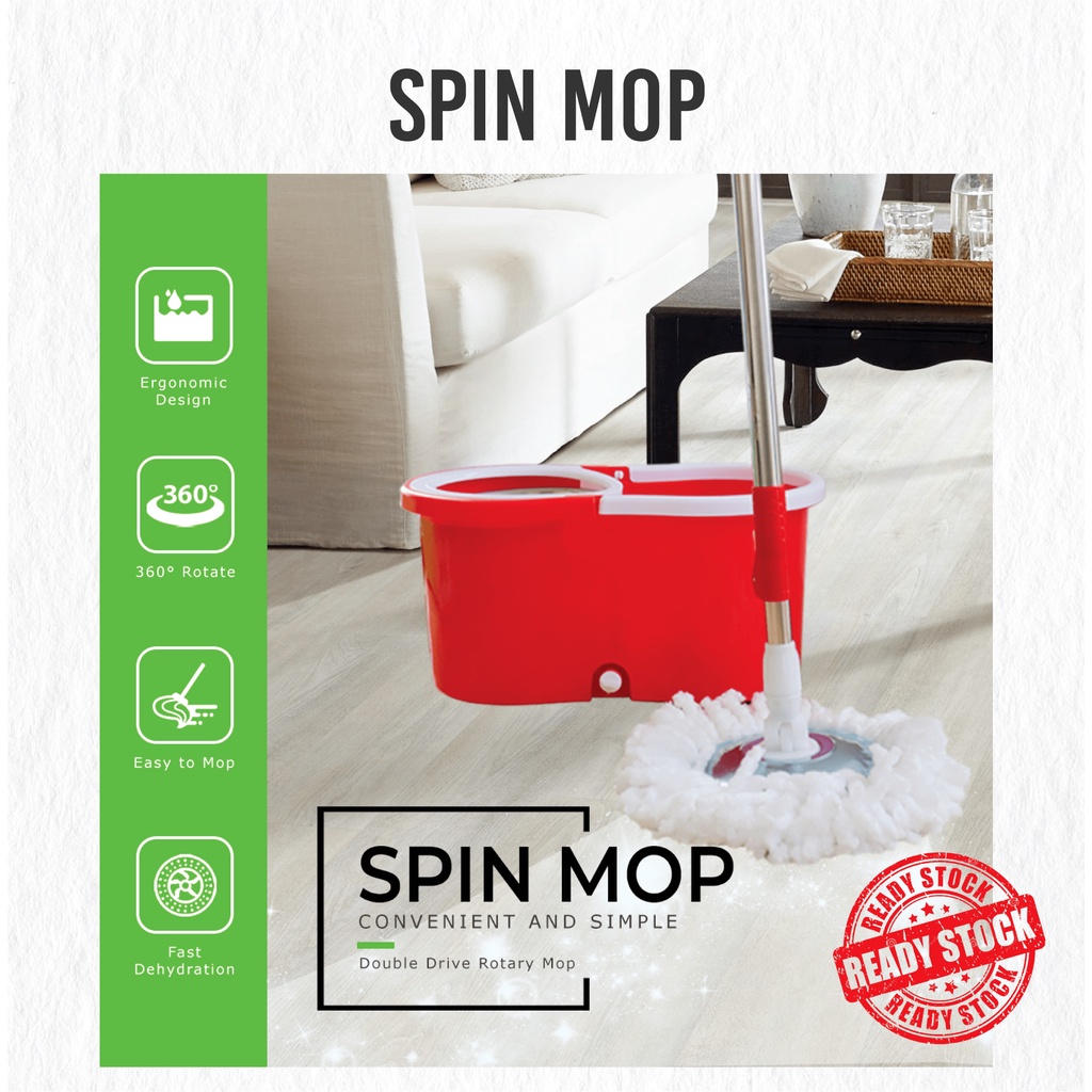 Spin Mop with Stainless Steel Basket & Wheels Spinning Mops Free Mop