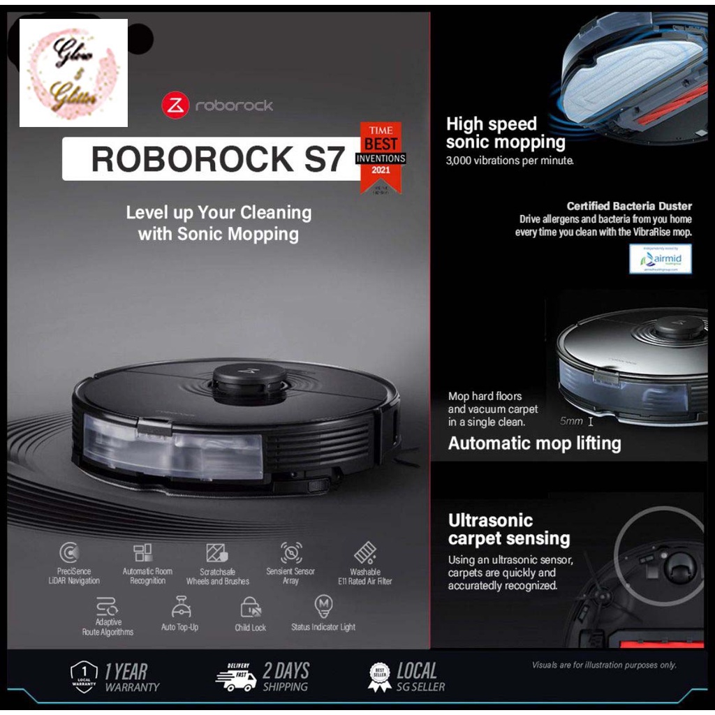 Roborock S7, Black Robot Vacuum Cleaner Robot UltraSonic Mopping Pad