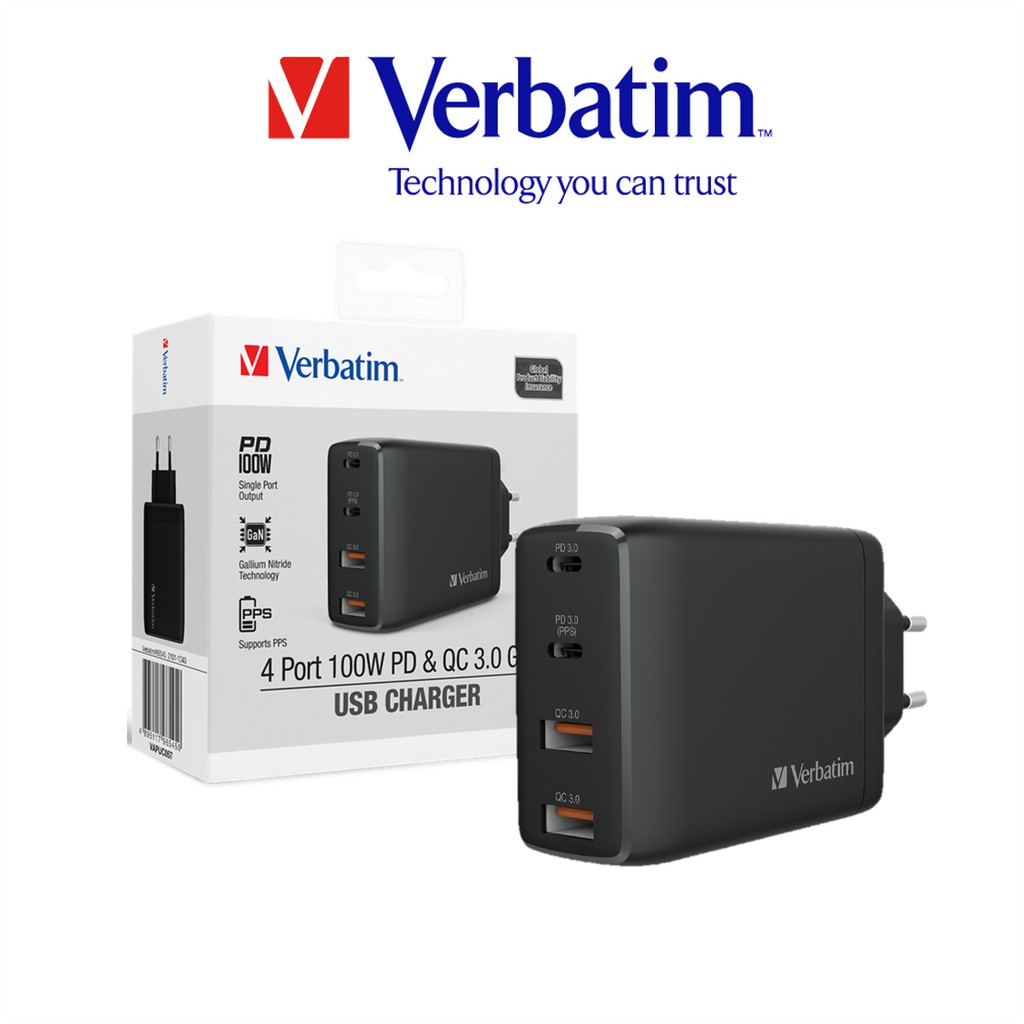 Verbatim 4 Port 100W PD 3.0 & QC 3.0 GaN USB Charger DUAL USBC 100W, 4