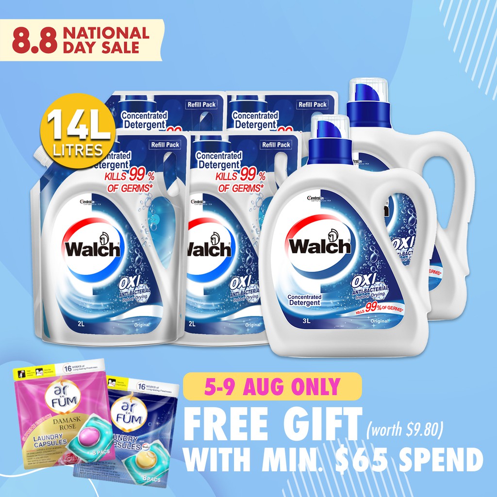 Walch Antibacterial Laundry Detergent 3L x 2 Bottles + Refill 2L x 4