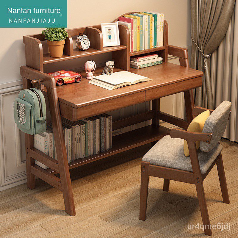 Table Study desk Full solid wood desk bookshelf in one simple modern