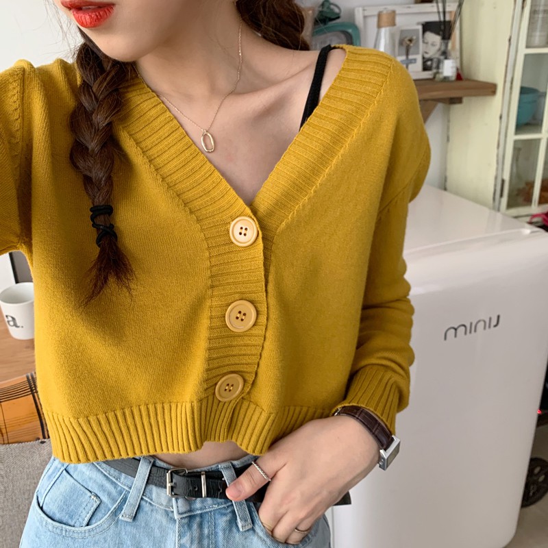 Korean Vneck Longsleeved Knit Cardigan Fashion Sexy Women's Cropped
