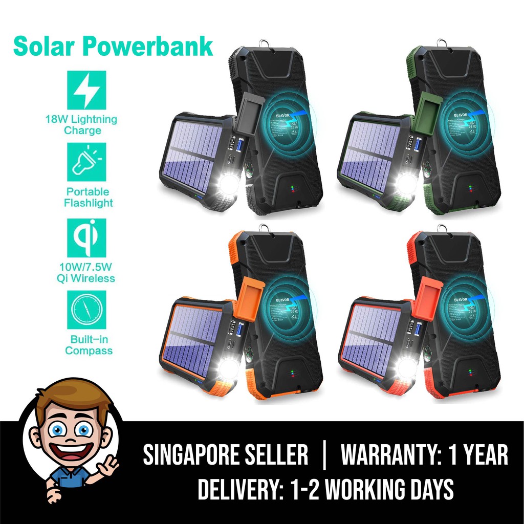 BLAVOR Solar Charger Power Bank 18W Power Delivery (PD), QC 3.0